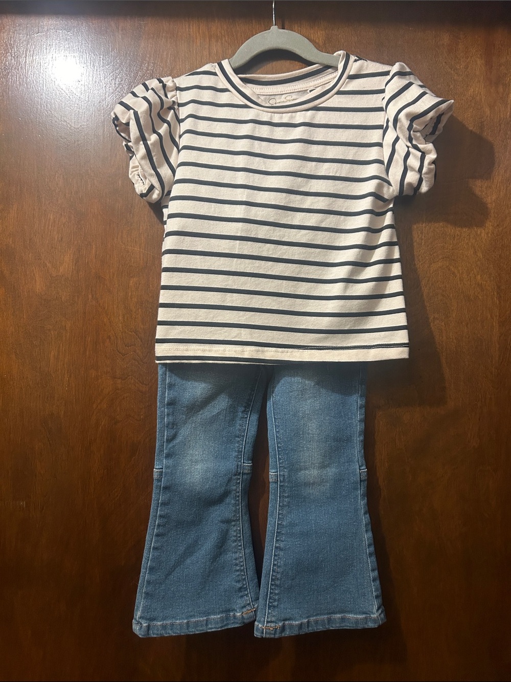 Jessica Simpson Cream and Navy Striped Tee with Puff Sleeve Detail